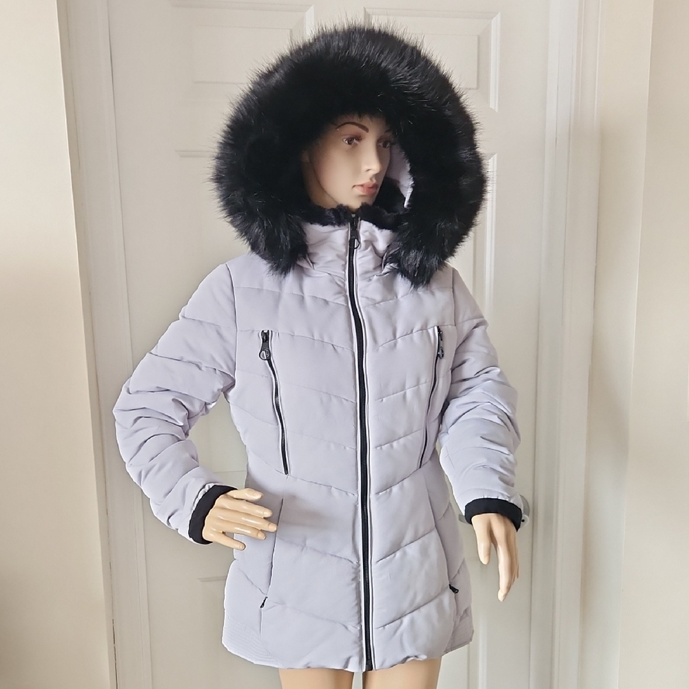 Guess Women's Puffer Jacket with Faux Fur Hood - Light Gray and Black Medium